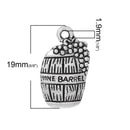 10 Antique Silver WINE BARREL with Grapes Charm Pendants  chs1523