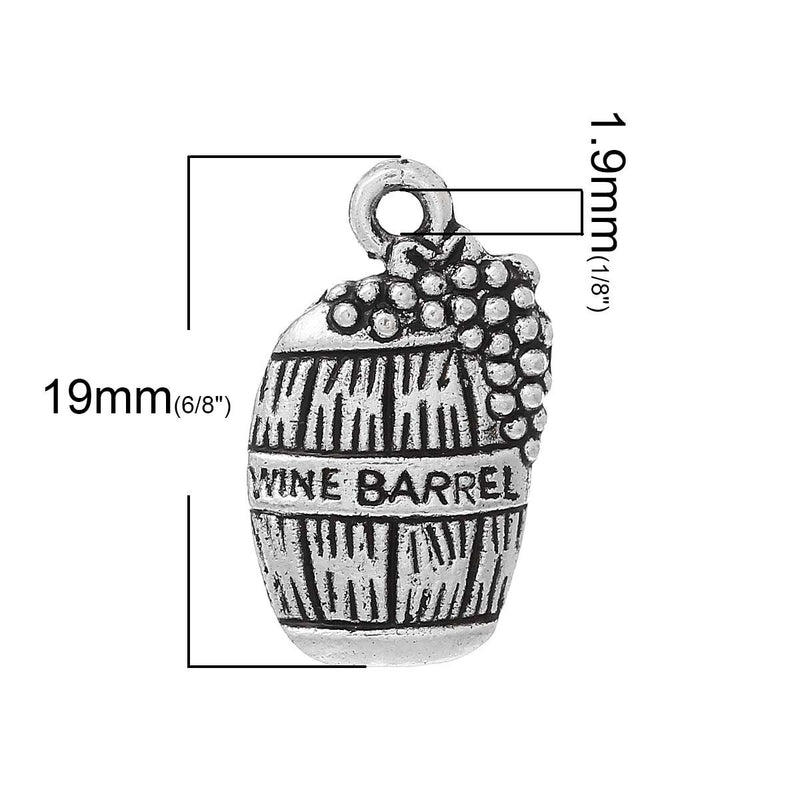 10 Antique Silver WINE BARREL with Grapes Charm Pendants  chs1523