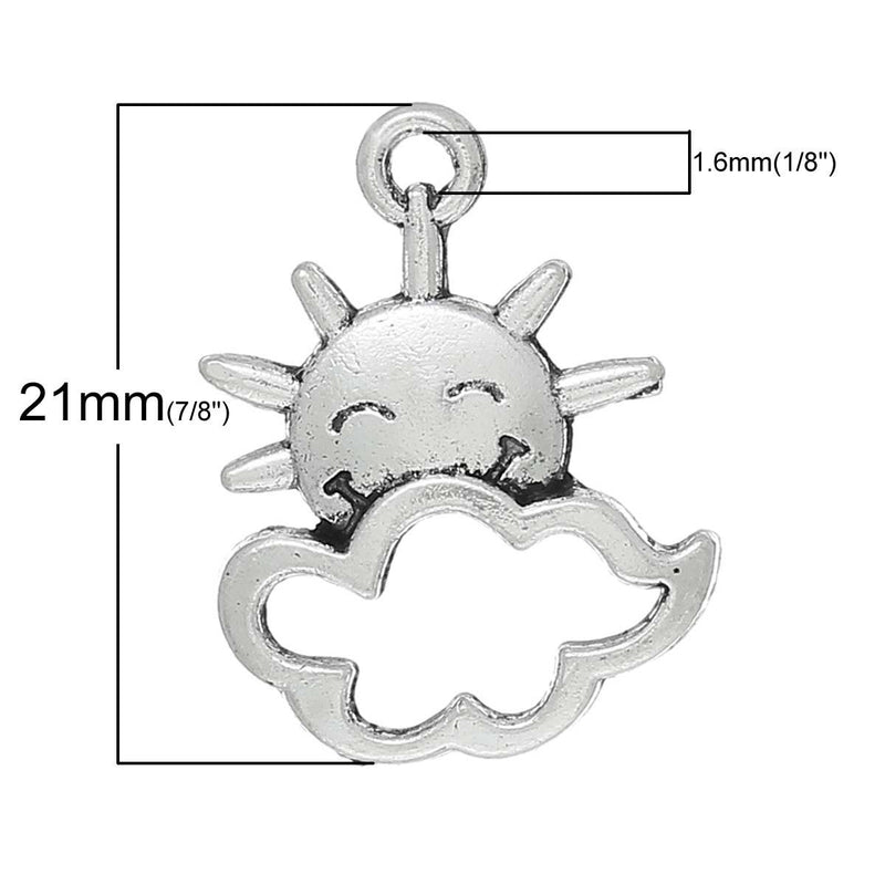 10 Antique Silver Smiling SUN and CLOUD Charm Pendants  chs1524