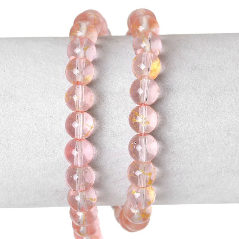 1 Double Strand LIGHT PINK with Golden Yellow Speckled Drizzle Design, Glass Beads 8mm  bgl0875