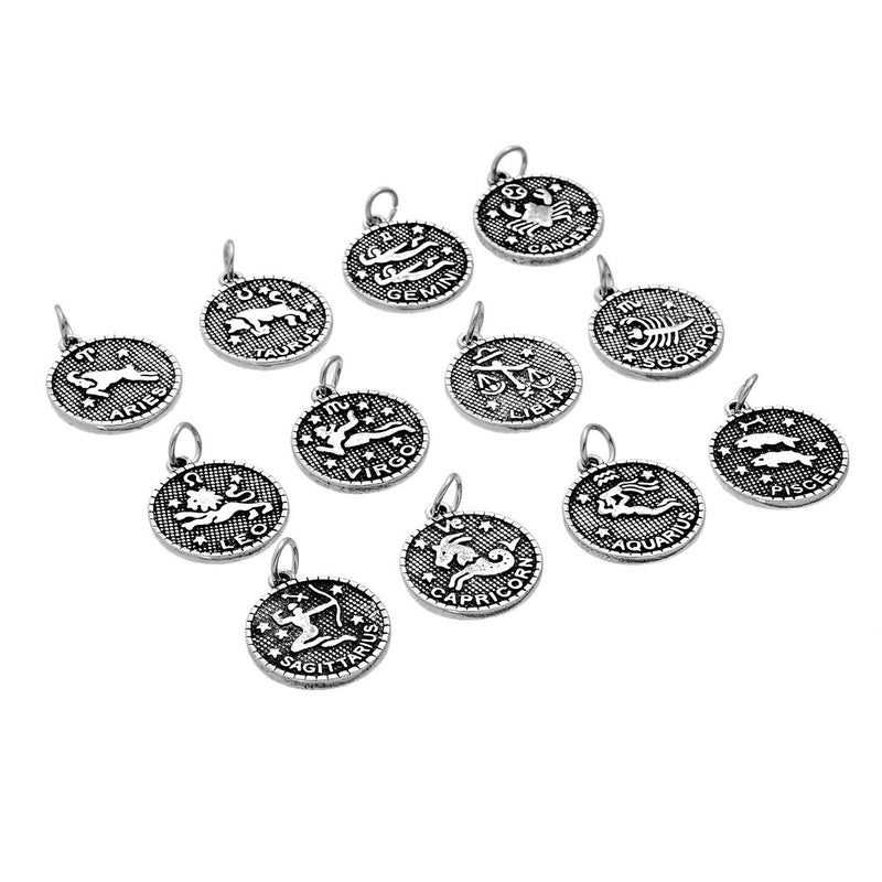 12 Antiqued Silver Metal ZODIAC SIGN Charm Pendants, 1 of each design,  chs1536