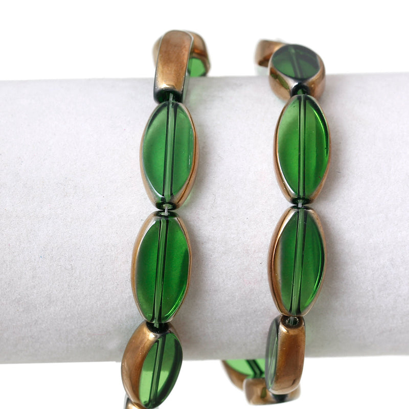 19x10mm EMERALD GREEN OVAL Glass Beads Electroplated with Gold Metallic Edge Plating, about 17 beads, bgl0863