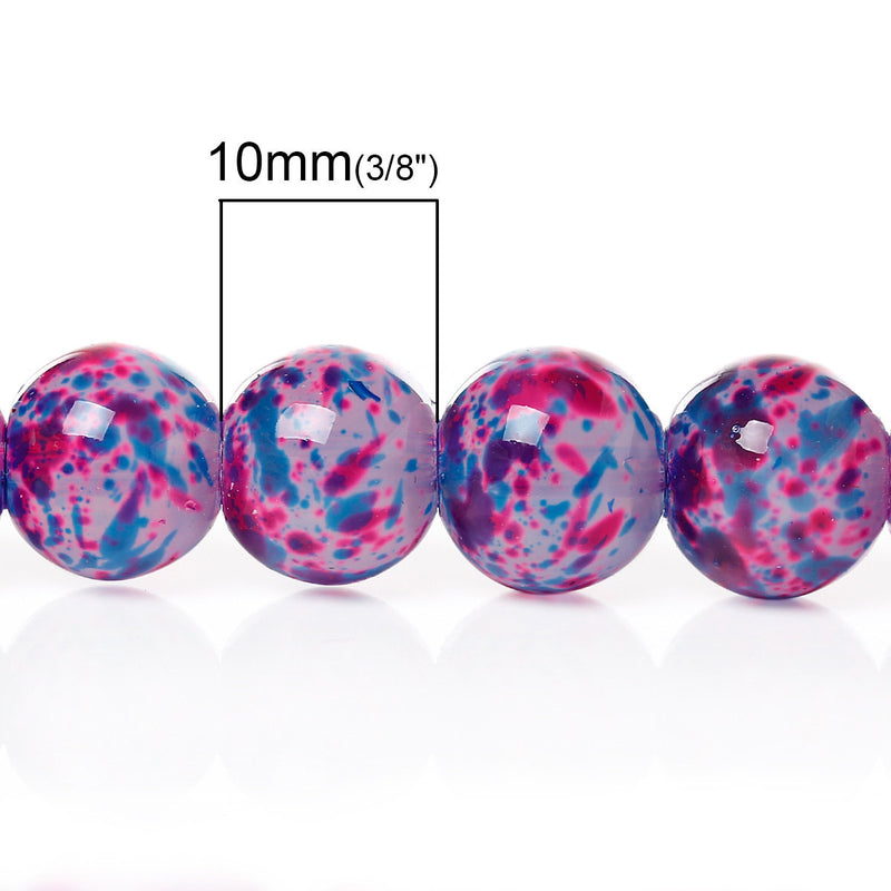 82 Round Glass Beads, blue, pink, purple, white speckled pattern, double strand, 10mm  bgl0871