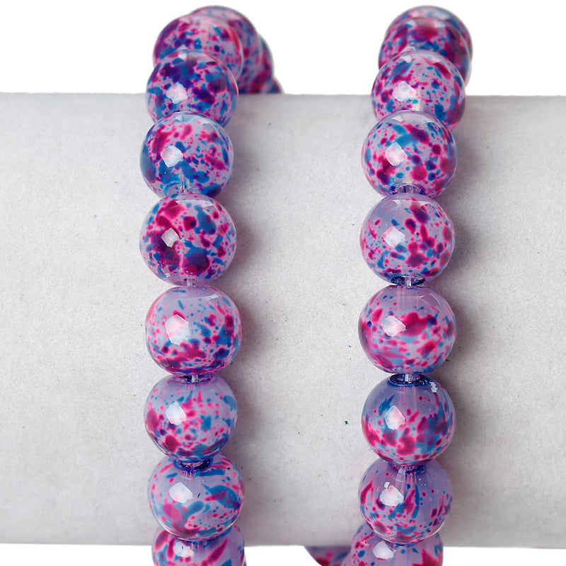 82 Round Glass Beads, blue, pink, purple, white speckled pattern, double strand, 10mm  bgl0871