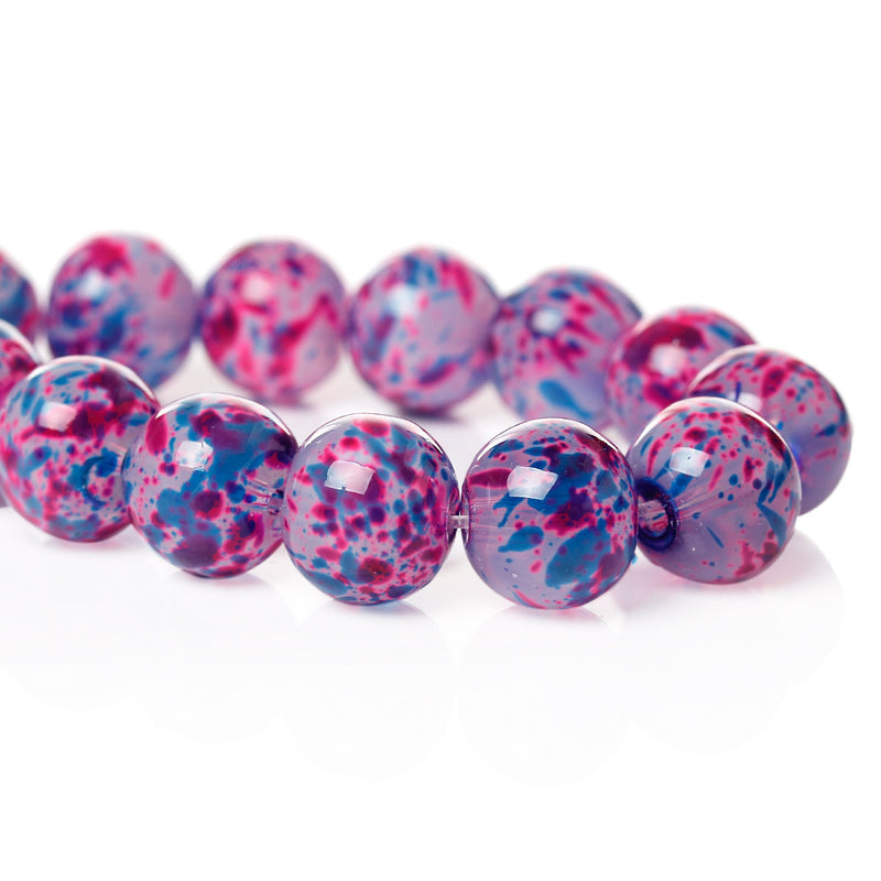 82 Round Glass Beads, blue, pink, purple, white speckled pattern, double strand, 10mm  bgl0871