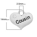 1 Antique Silver Rhinestone "COUSIN" Heart Charm Pendant 16x14mm  chs1540A