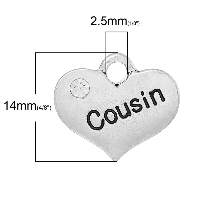 1 Antique Silver Rhinestone "COUSIN" Heart Charm Pendant 16x14mm  chs1540A