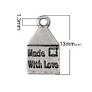 15 MADE WITH Love Heart Envelops Tag Charm Pendants . Silver pewter metal   chs1543