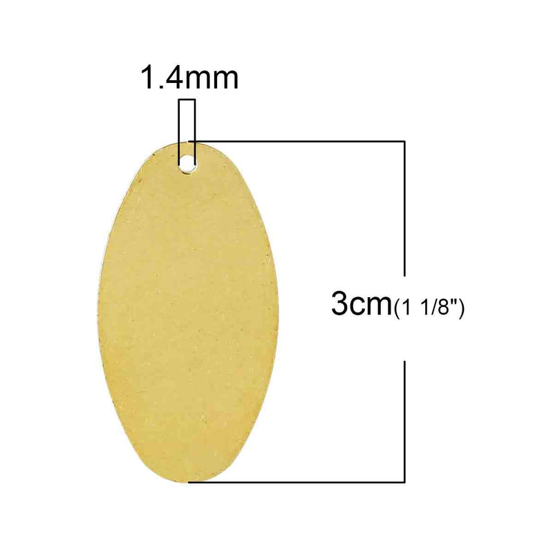 10 Gold Brass Sheet Metal Stamping Blanks, OVAL shape, 1 hole, 30x16mm   22 gauge msb0177