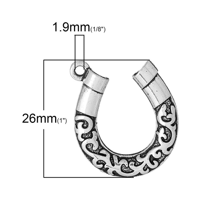 5 Large Silver Tone Metal Filigree HORSESHOE Charm Pendants, 26x23mm, chs1566