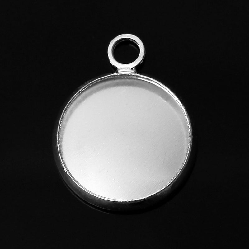 10 Silver Round Circle CABOCHON SETTING Bezel Frame Charm Pendants (fits 12mm cabs)  chs1574