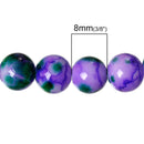 100 Round Glass Beads, purple with white and green, marble pattern, 8mm bgl0920