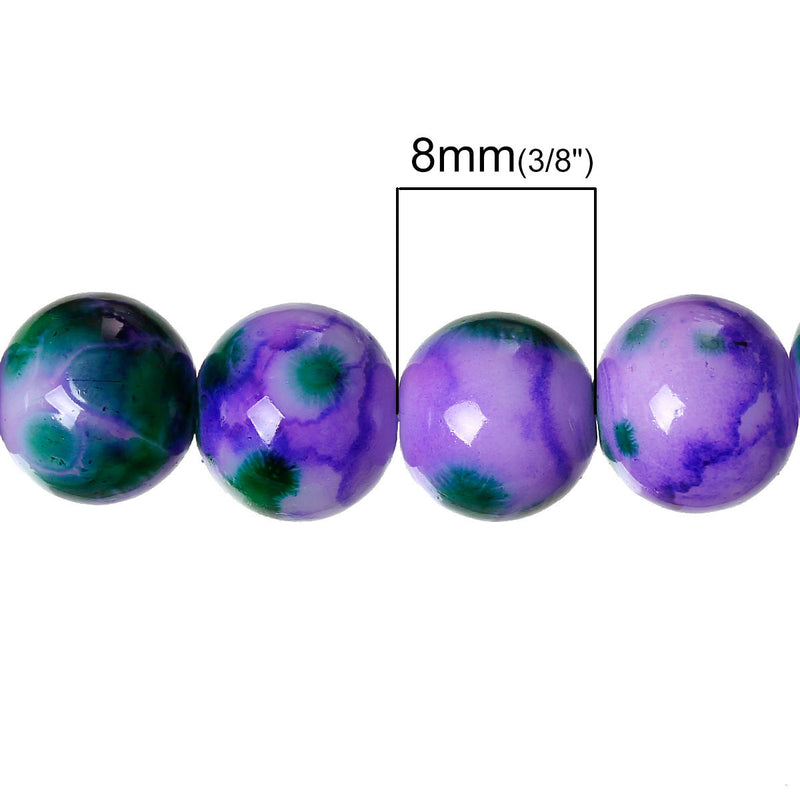 100 Round Glass Beads, purple with white and green, marble pattern, 8mm bgl0920