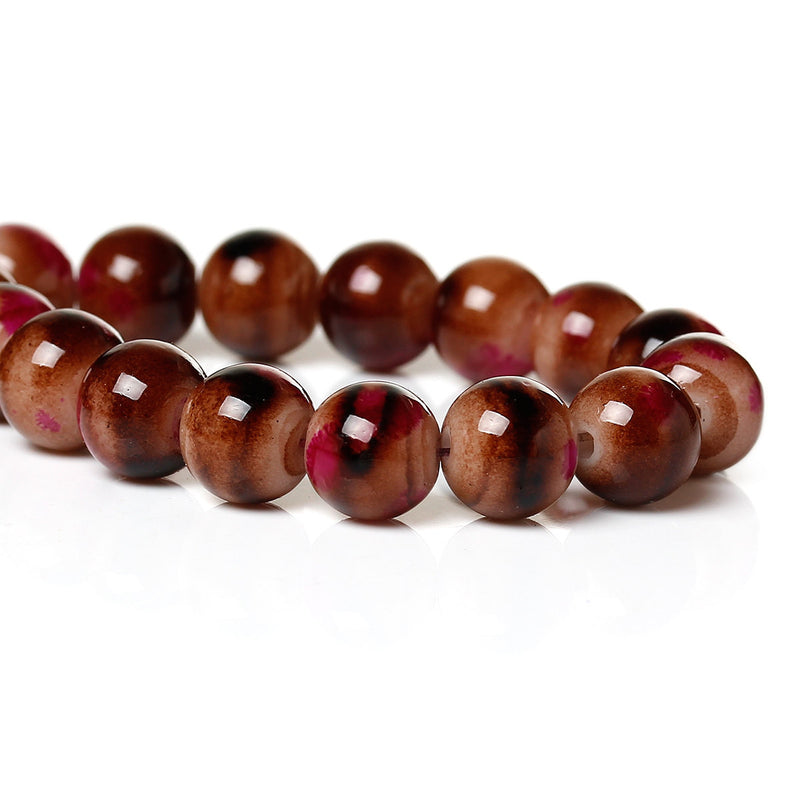 100 Round Glass Beads, brown with white and hot pink, marble pattern, 8mm bgl0925