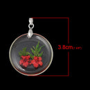 2 Acrylic Pendants, Natural REAL FLOWERS, Coral Red with leaves, circle disc shape, silver bail, cha0144