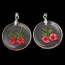 2 Acrylic Pendants, Natural REAL FLOWERS, Coral Red with leaves, circle disc shape, silver bail, cha0144