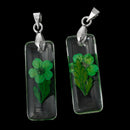 2 Acrylic Pendants, Natural REAL FLOWERS, Green with leaves, rectangle shape, silver bail, cha0147