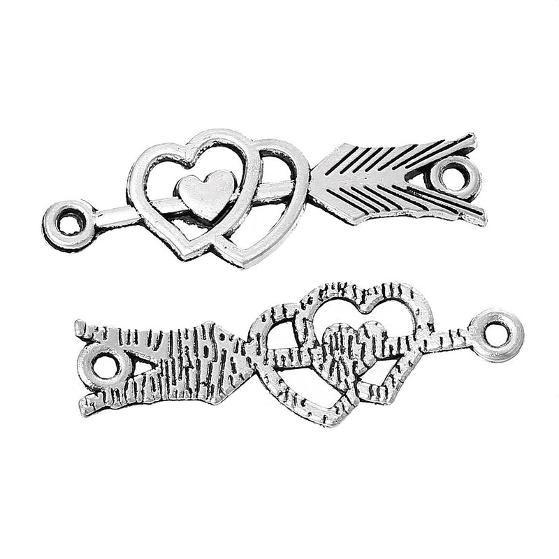 10 Antique Silver Tone DOUBLE HEART Arrow Bracelet Connector Link Charm Pendants chs1583