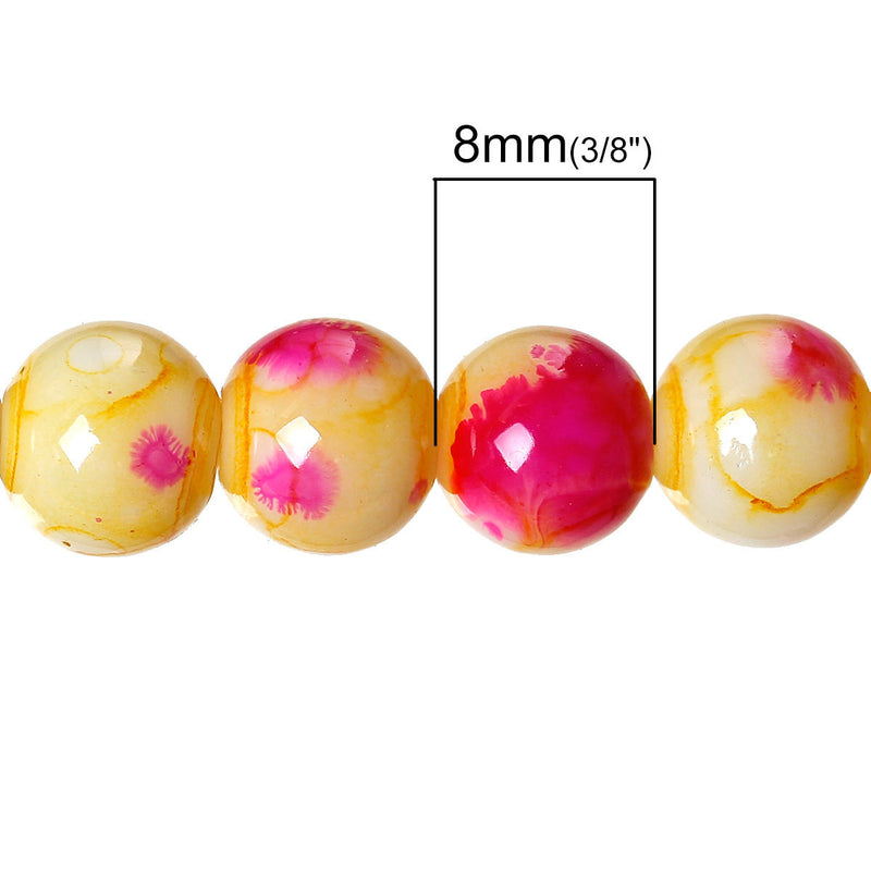 100 Round Glass Beads, yellow with hot pink, marble pattern, 8mm bgl0918