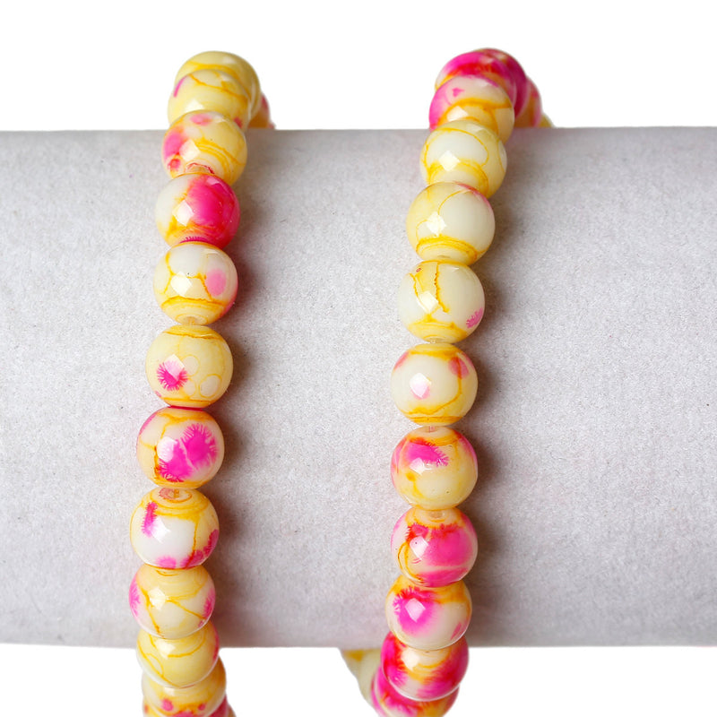 100 Round Glass Beads, yellow with hot pink, marble pattern, 8mm bgl0918