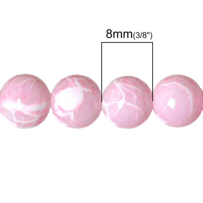 100 Round Glass Beads, pastel pink with white and hot pink, marble pattern, 8mm bgl0919