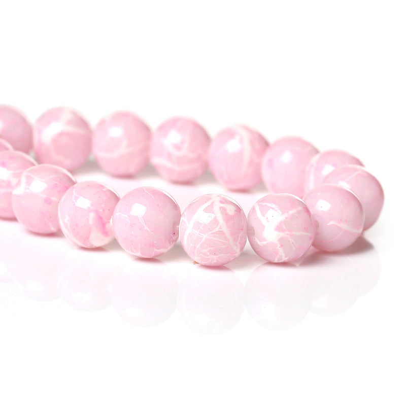 100 Round Glass Beads, pastel pink with white and hot pink, marble pattern, 8mm bgl0919