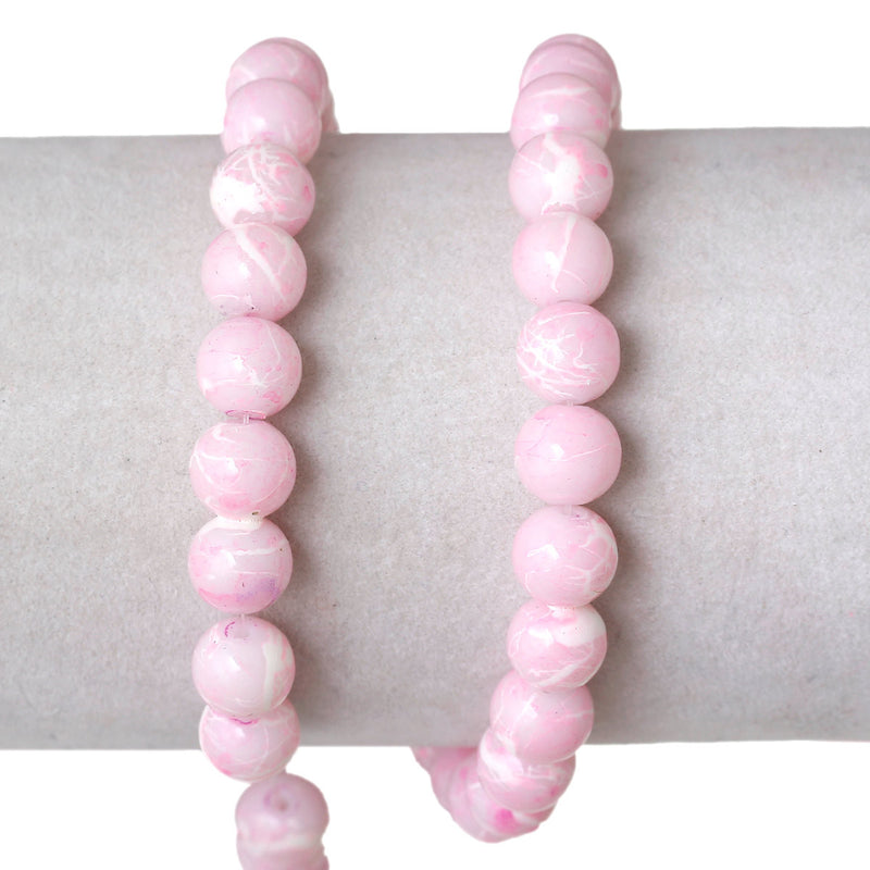 100 Round Glass Beads, pastel pink with white and hot pink, marble pattern, 8mm bgl0919