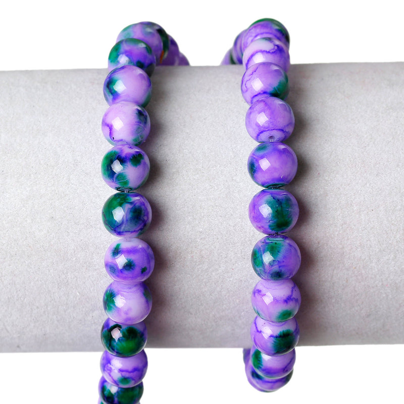 100 Round Glass Beads, purple with white and green, marble pattern, 8mm bgl0920