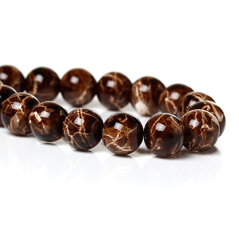 100 Round Glass Beads, chocolate brown with beige, marble pattern, 8mm bgl0922