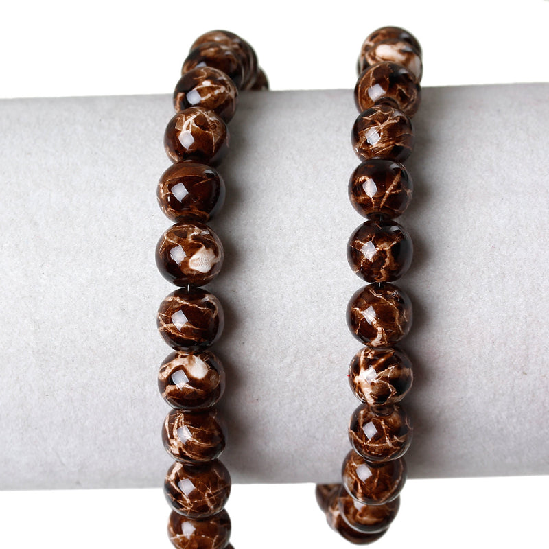 100 Round Glass Beads, chocolate brown with beige, marble pattern, 8mm bgl0922