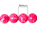 100 Round Glass Beads, hot pink with white, marble pattern, 8mm bgl0923