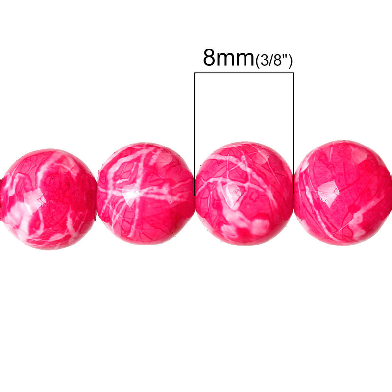 100 Round Glass Beads, hot pink with white, marble pattern, 8mm bgl0923