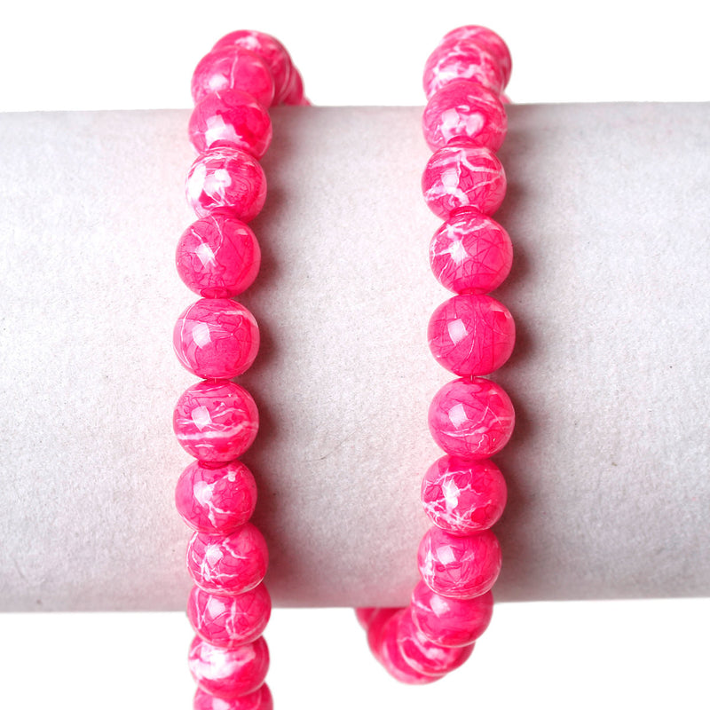 100 Round Glass Beads, hot pink with white, marble pattern, 8mm bgl0923