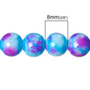 100 Round Glass Beads, turquoise blue with purple and pink, marble pattern, 8mm bgl0924