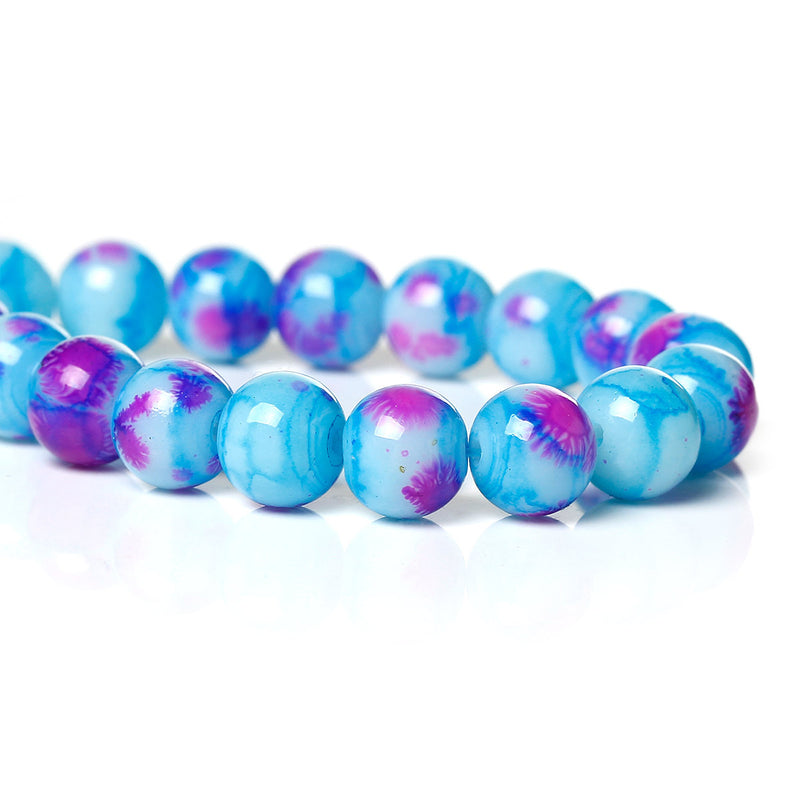 100 Round Glass Beads, turquoise blue with purple and pink, marble pattern, 8mm bgl0924