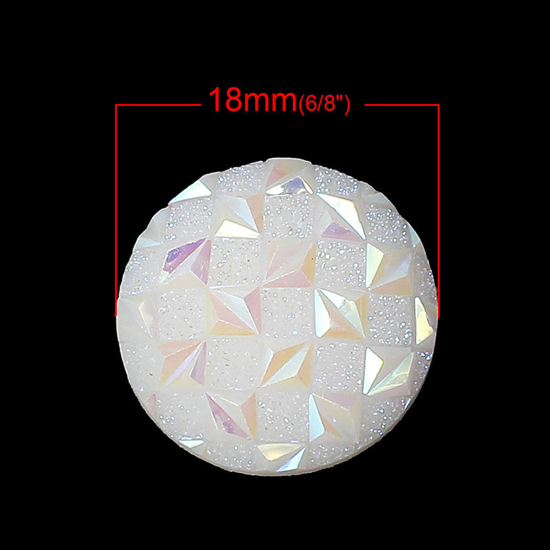 10 Faux Druzy Cabochons, 18mm Round Resin Metallic Frosted WHITE AB Druzy Cabochons, criss-cross pattern, 18mm  cab0235