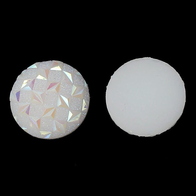 10 Faux Druzy Cabochons, 18mm Round Resin Metallic Frosted WHITE AB Druzy Cabochons, criss-cross pattern, 18mm  cab0235