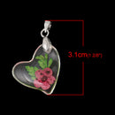 2 Acrylic Pendants, Natural REAL FLOWERS, Pink with leaves, heart shape, silver bail, cha0145
