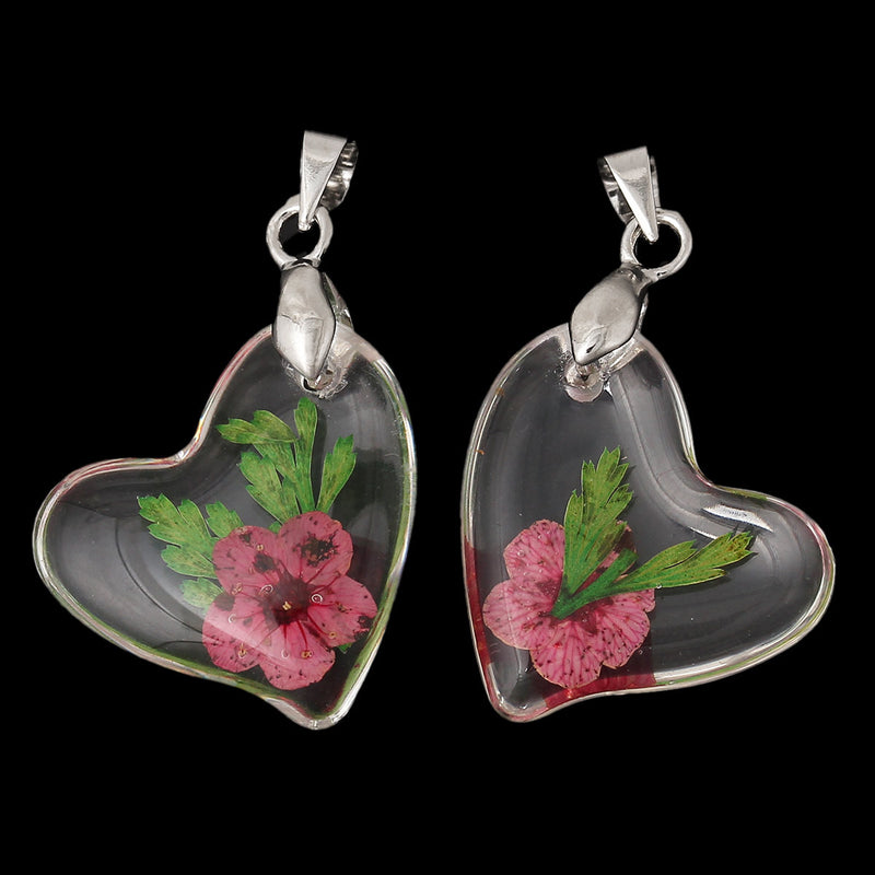 2 Acrylic Pendants, Natural REAL FLOWERS, Pink with leaves, heart shape, silver bail, cha0145