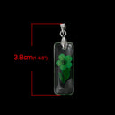 2 Acrylic Pendants, Natural REAL FLOWERS, Green with leaves, rectangle shape, silver bail, cha0147