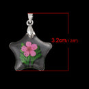 2 Acrylic Pendants, Natural REAL FLOWERS, Pink with leaves, star shape, silver bail, cha0150