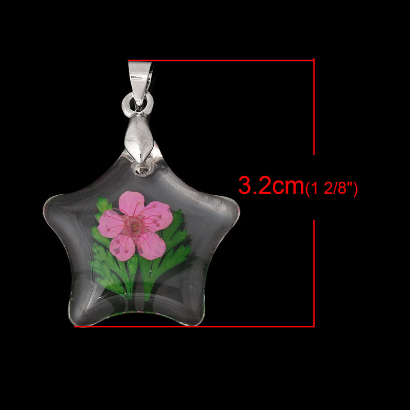 2 Acrylic Pendants, Natural REAL FLOWERS, Pink with leaves, star shape, silver bail, cha0150