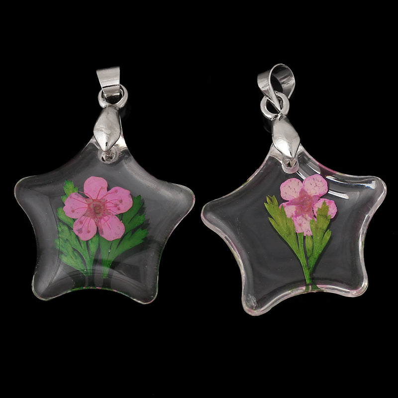 2 Acrylic Pendants, Natural REAL FLOWERS, Pink with leaves, star shape, silver bail, cha0150