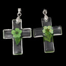 2 Acrylic Pendants, Natural REAL FLOWERS, Green with leaves, cross shape, silver bail, cha0151