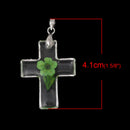 2 Acrylic Pendants, Natural REAL FLOWERS, Green with leaves, cross shape, silver bail, cha0151
