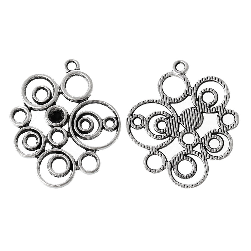 5 Antique Silver Tone Flat BUBBLES and SWIRLS Connector Link Charm Pendants chs1579