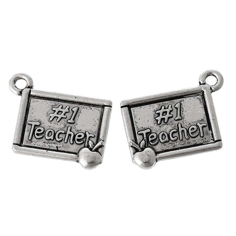 6 Antique Silver Tone TEACHER Apple Charm Pendants chs1580a