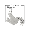 5 Large Antique Silver Tone PEACE DOVE Bird with Olive Branch Double Sided Charm Pendants chs1587