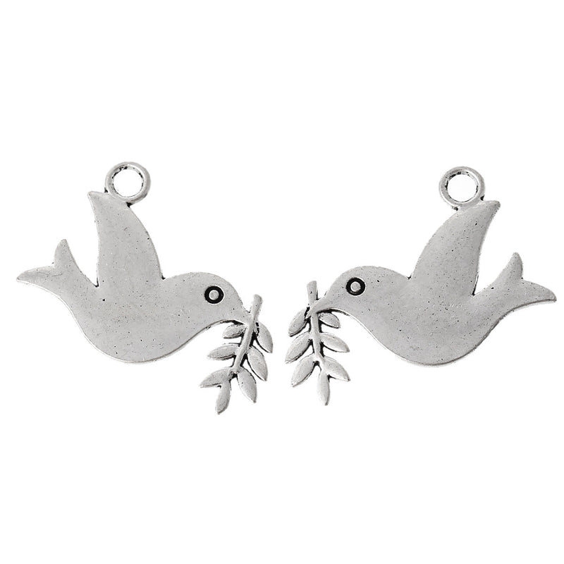 5 Large Antique Silver Tone PEACE DOVE Bird with Olive Branch Double Sided Charm Pendants chs1587