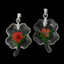 2 Acrylic Pendants, Natural REAL FLOWERS, Red with leaves, Clover shape, silver bail, cha0154